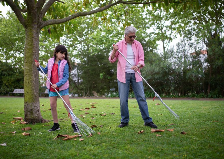 Deux personnes ratissant les feuilles mortes dun jardin en automne