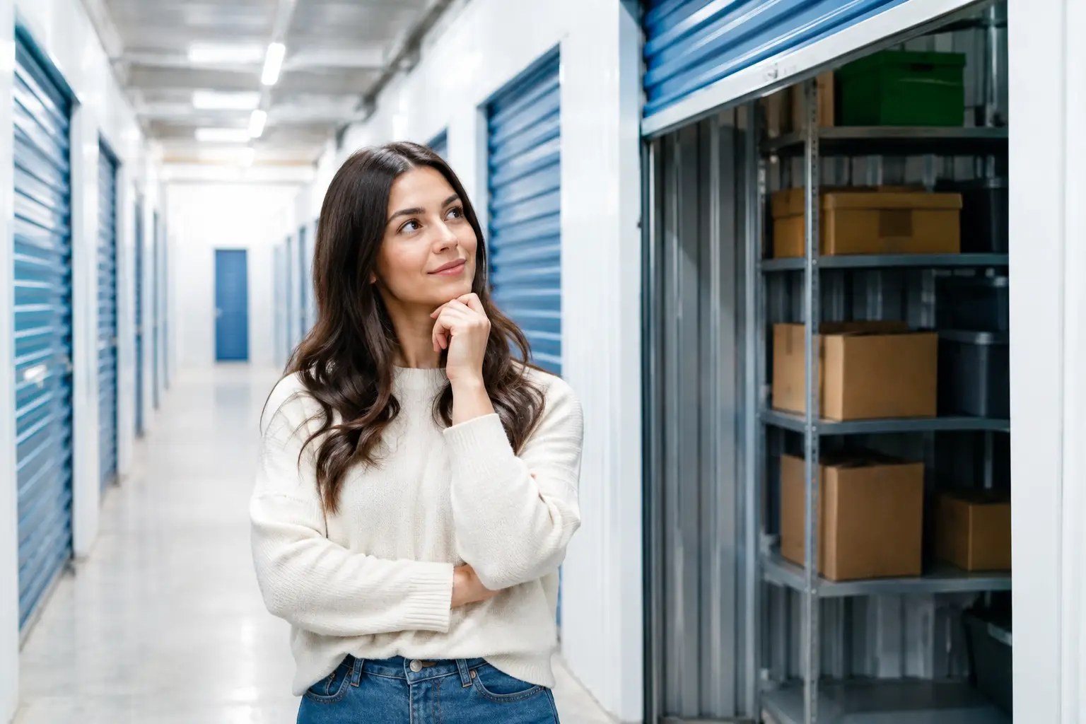Femme pensive devant une box de self-storage ouverte remplie de cartons